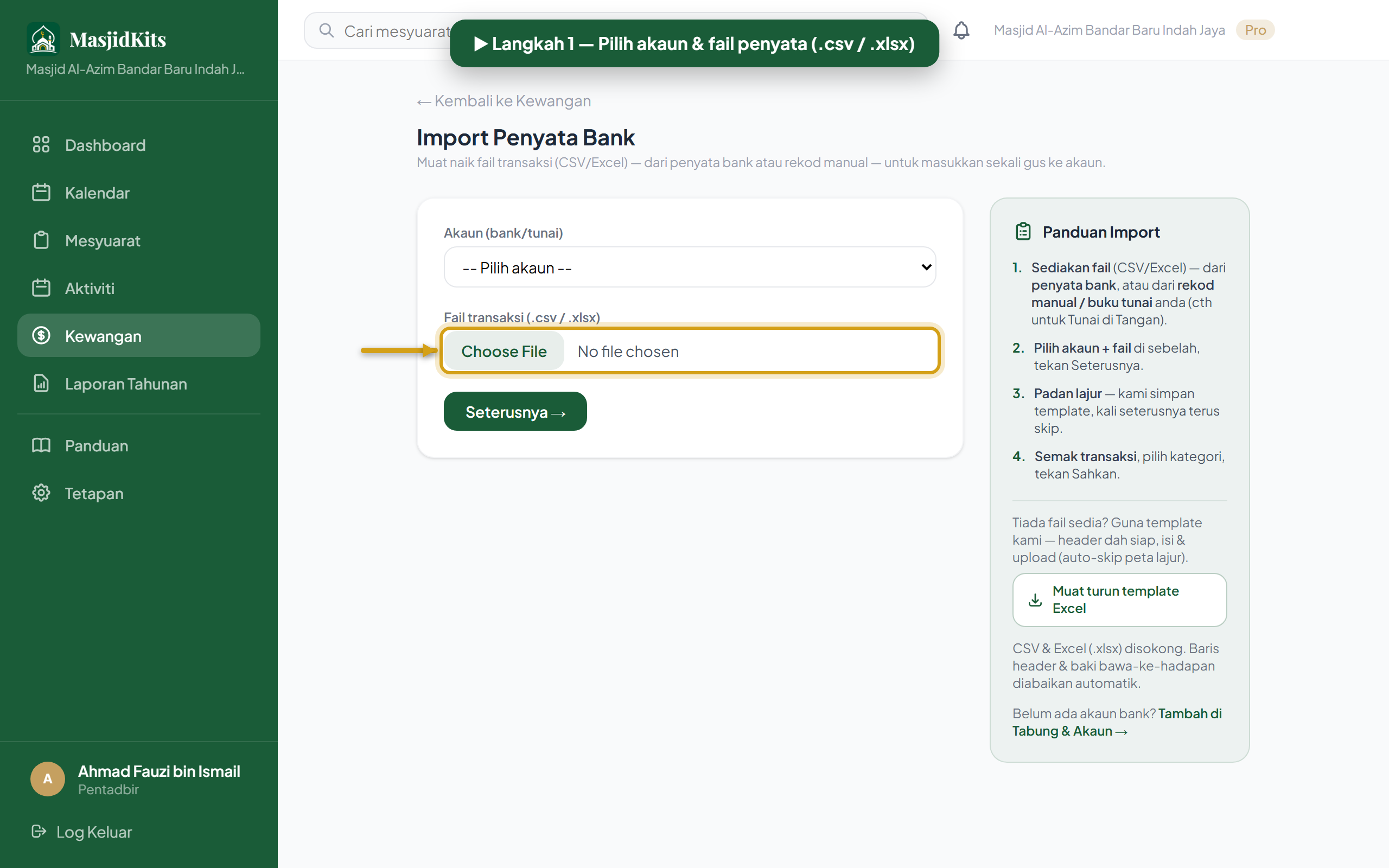 Import penyata bank — langkah 1