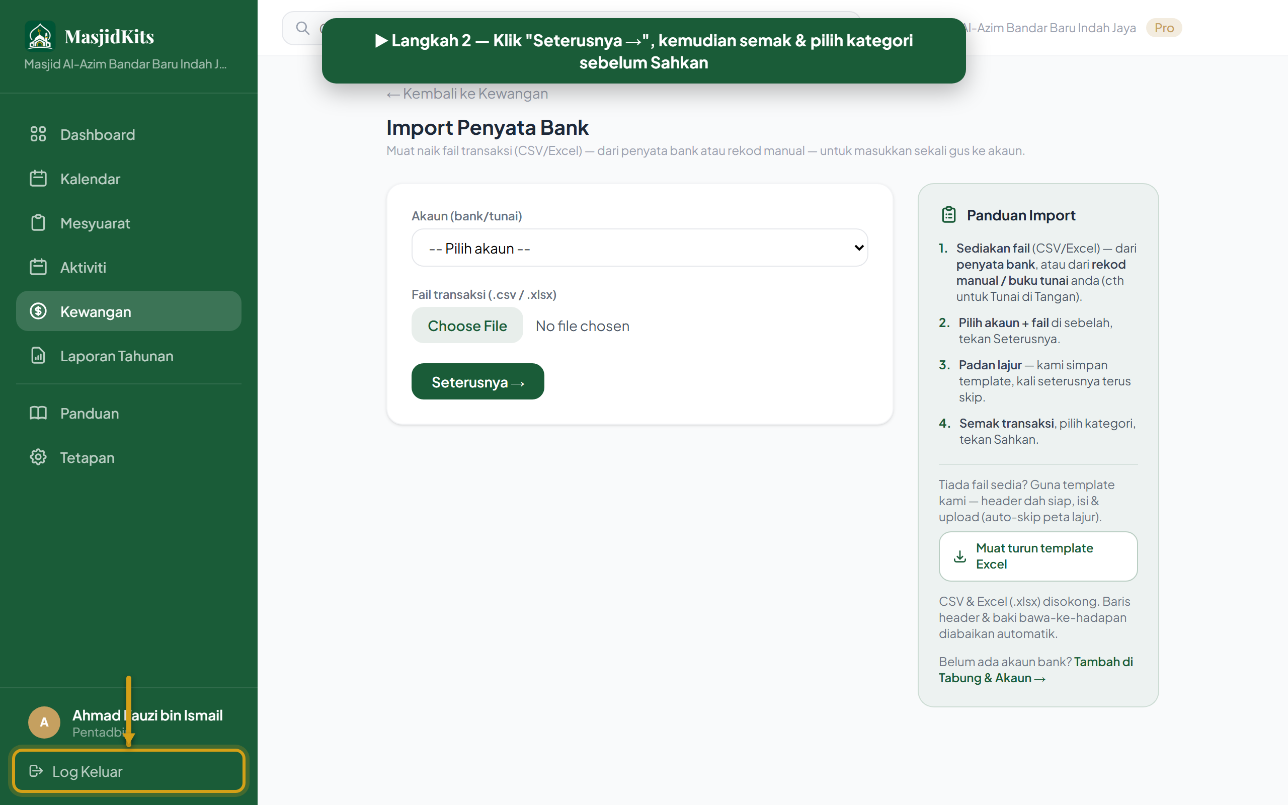 Import penyata bank — langkah 2